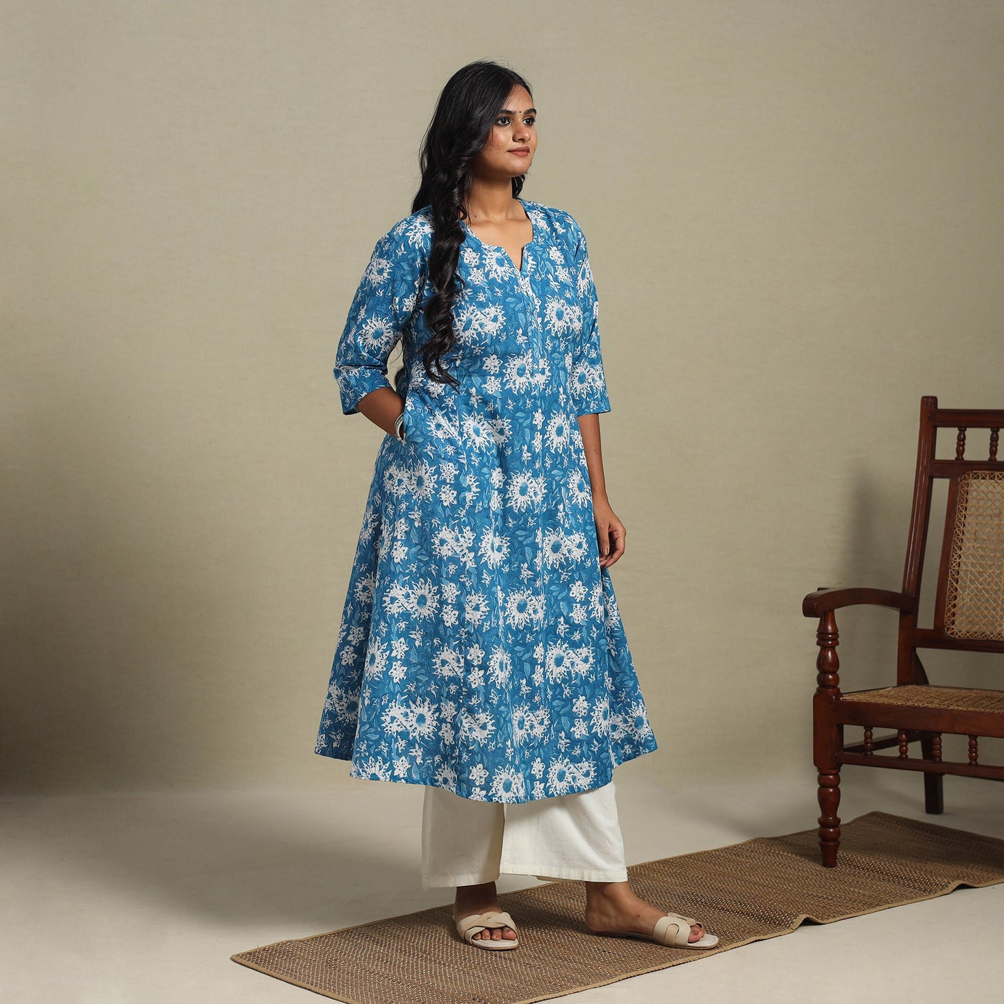 Blue - cotton a-line sanganeri kurta 25 - handcrafted