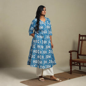 Blue - cotton a-line sanganeri kurta 25 - handcrafted