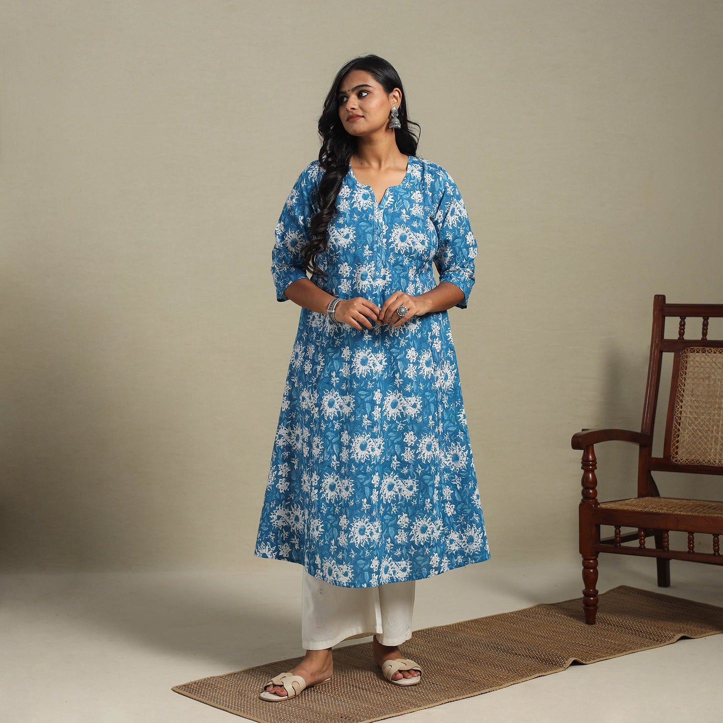 Blue - cotton a-line sanganeri kurta 25 - handcrafted