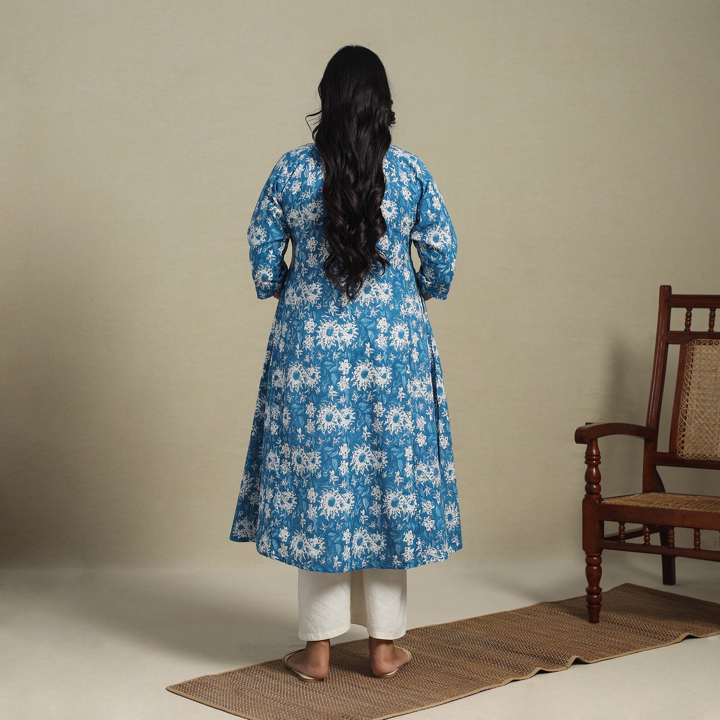 Blue - cotton a-line sanganeri kurta 25 - handcrafted