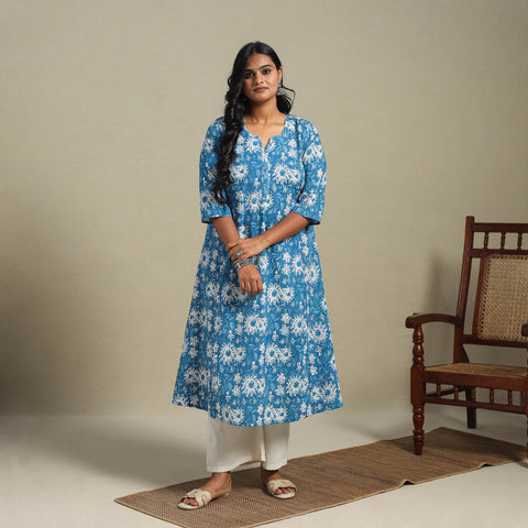 Blue - cotton a-line sanganeri kurta 25 - handcrafted