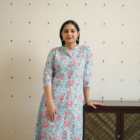 Blue Block Print Cotton A-Line Sanganeri Kurta