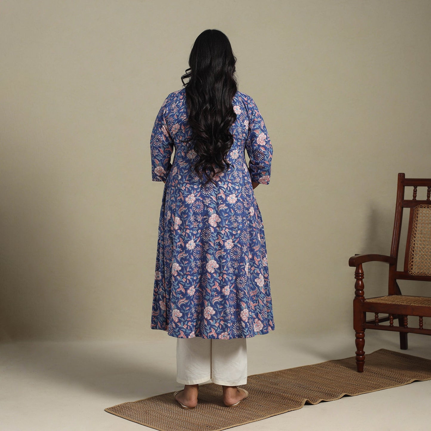 Blue - cotton a-line sanganeri kurta 27 - handcrafted