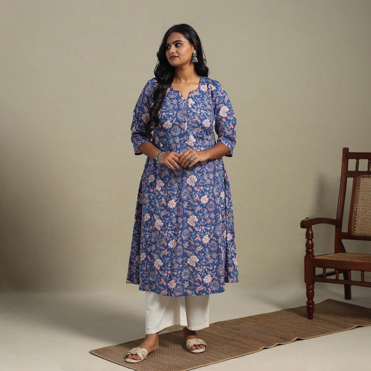 Blue - cotton a-line sanganeri kurta 27 - handcrafted