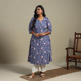 Blue - cotton a-line sanganeri kurta 27 - handcrafted
