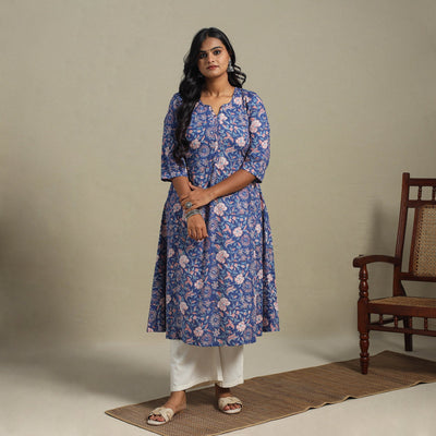 Blue - cotton a-line sanganeri kurta 27 - handcrafted