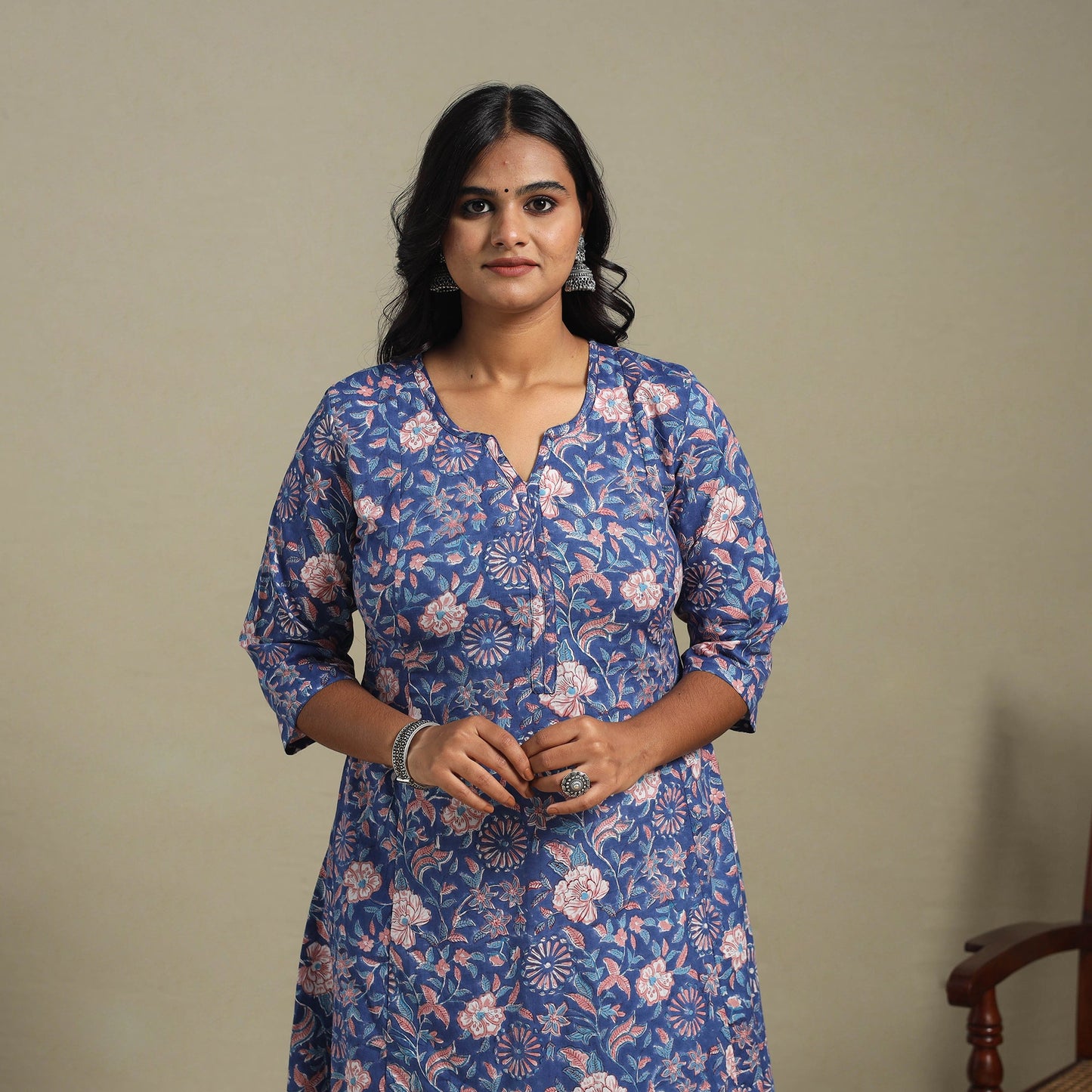 Blue - cotton a-line sanganeri kurta 27 - handcrafted