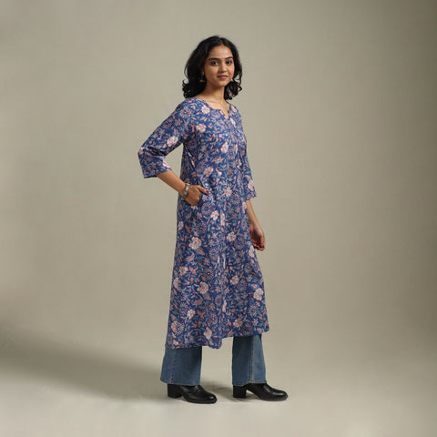 Blue - cotton a-line sanganeri kurta 27 - handcrafted