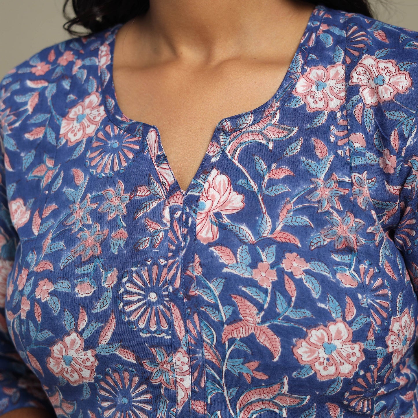 Blue - cotton a-line sanganeri kurta 27 - handcrafted