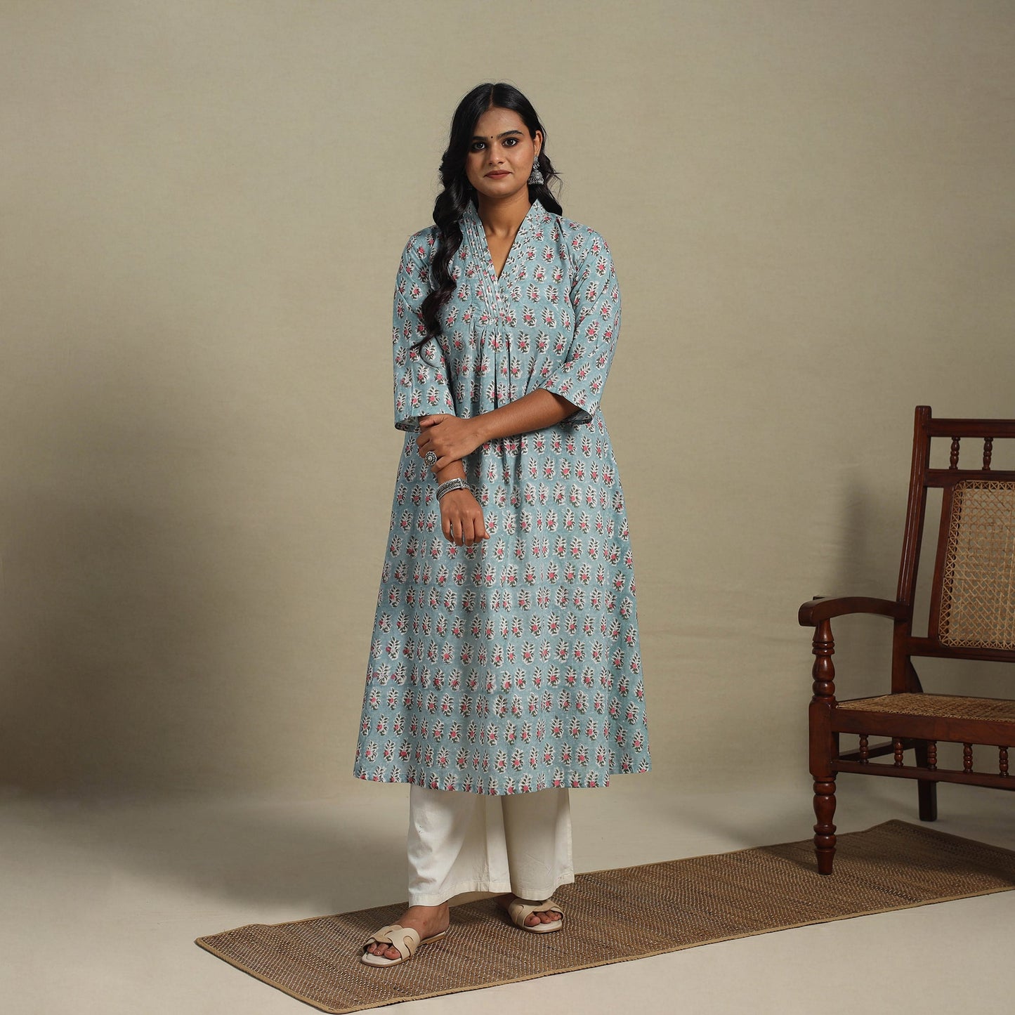 Blue Block Print Cotton A-Line Sanganeri Kurta