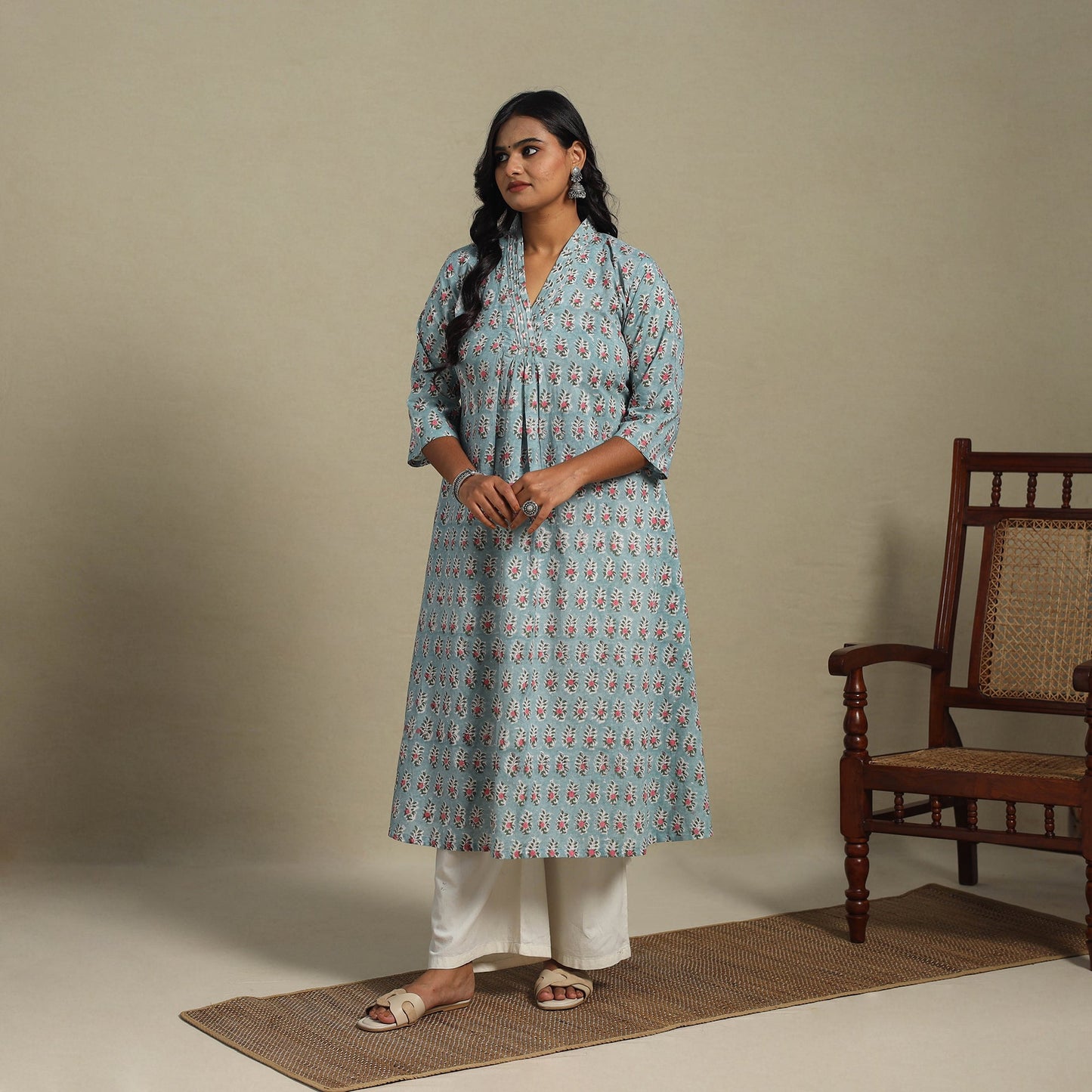 Blue Block Print Cotton A-Line Sanganeri Kurta