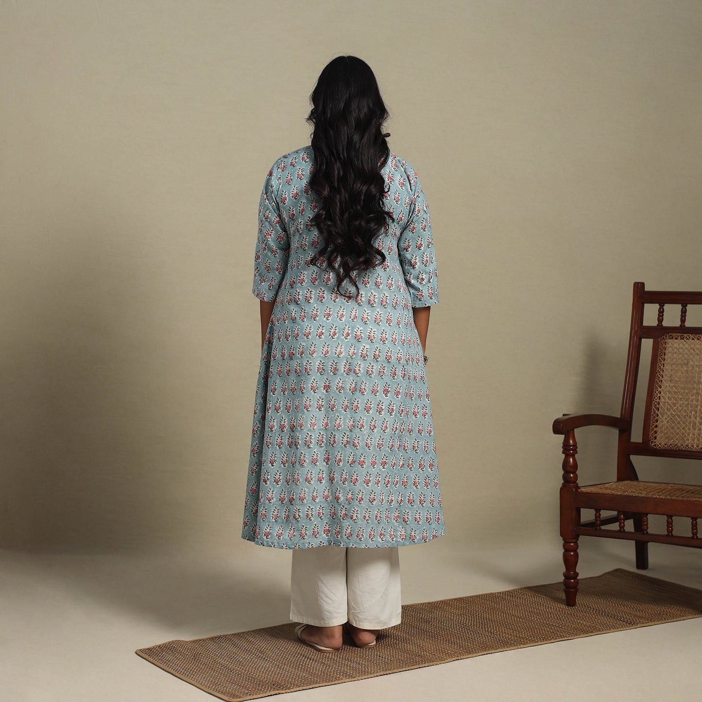 Blue Block Print Cotton A-Line Sanganeri Kurta