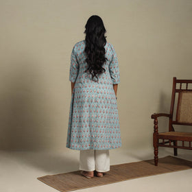 Blue Block Print Cotton A-Line Sanganeri Kurta