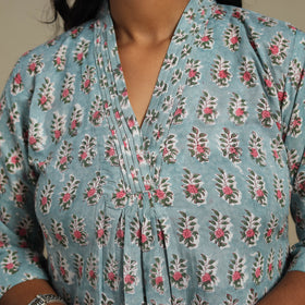 Blue Block Print Cotton A-Line Sanganeri Kurta