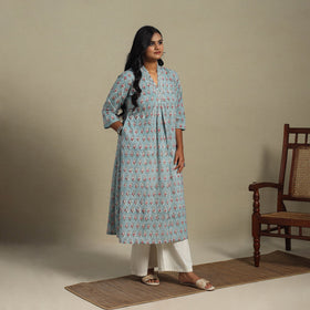 Blue Block Print Cotton A-Line Sanganeri Kurta