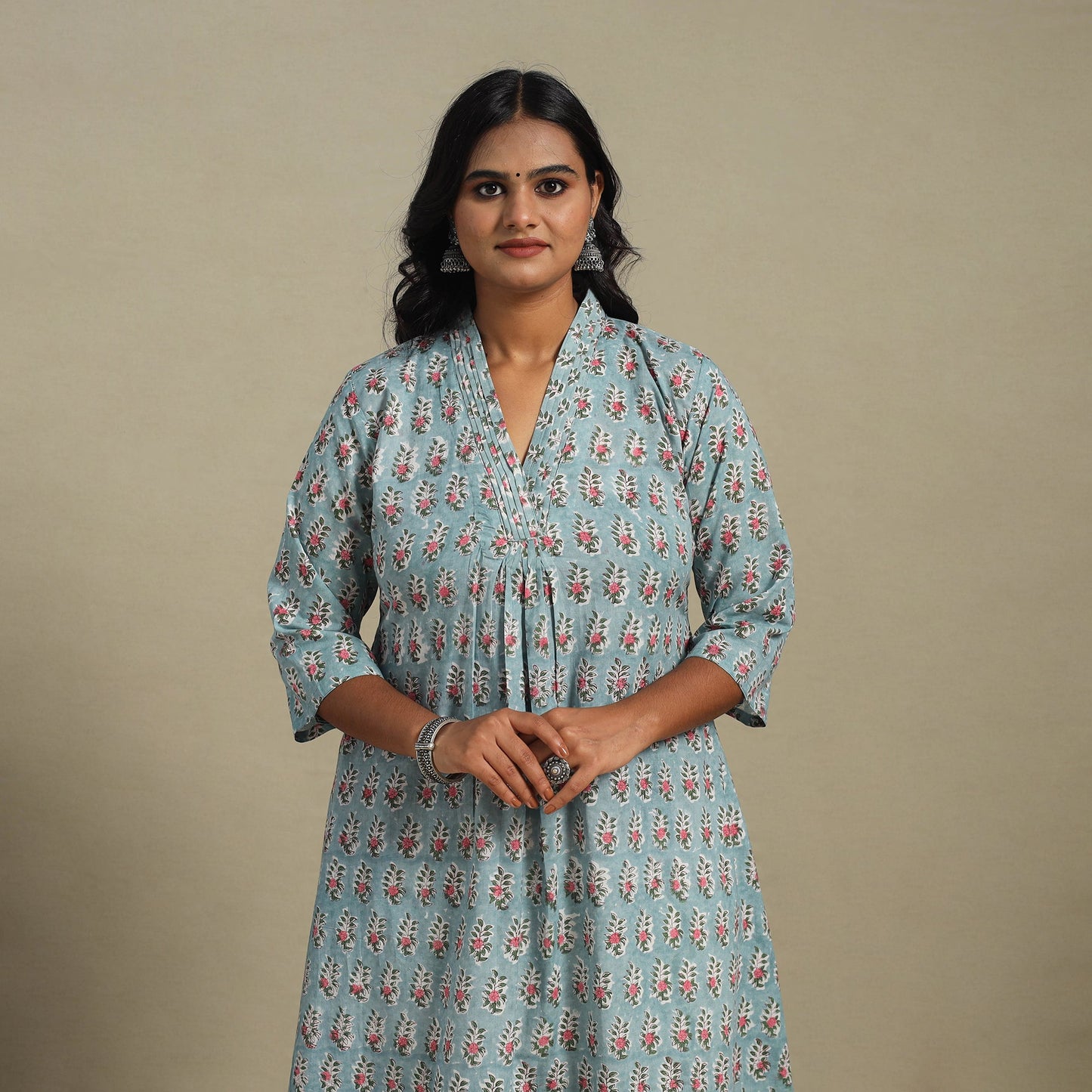 Blue Block Print Cotton A-Line Sanganeri Kurta
