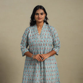Blue Block Print Cotton A-Line Sanganeri Kurta