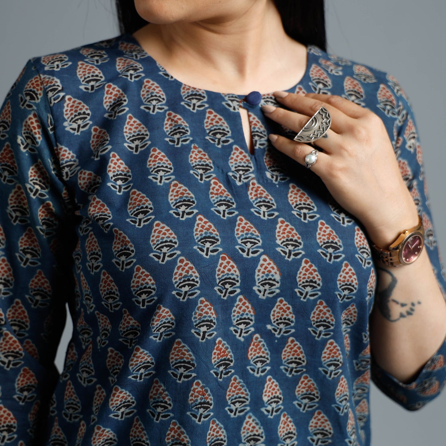  Ajrakh Block Printed Cotton Long Kurta for Women