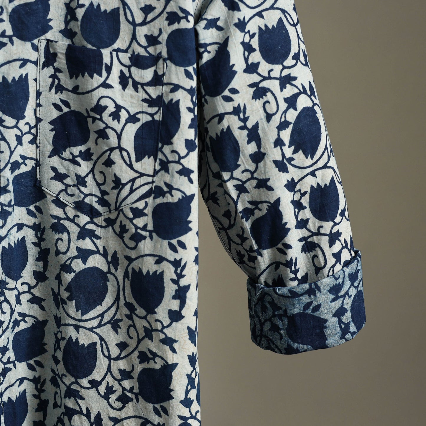 Blue Block Print Cotton Men Full Sleeve Indigo Bagru Shirt
