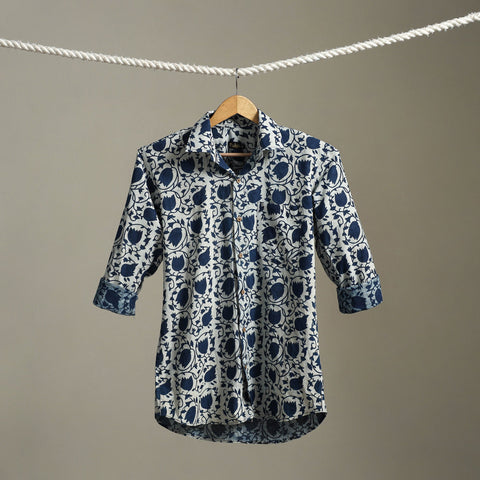 Blue Block Print Cotton Men Full Sleeve Indigo Bagru Shirt