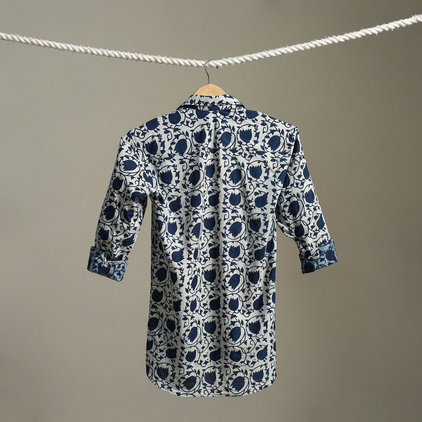 Blue Block Print Cotton Men Full Sleeve Indigo Bagru Shirt
