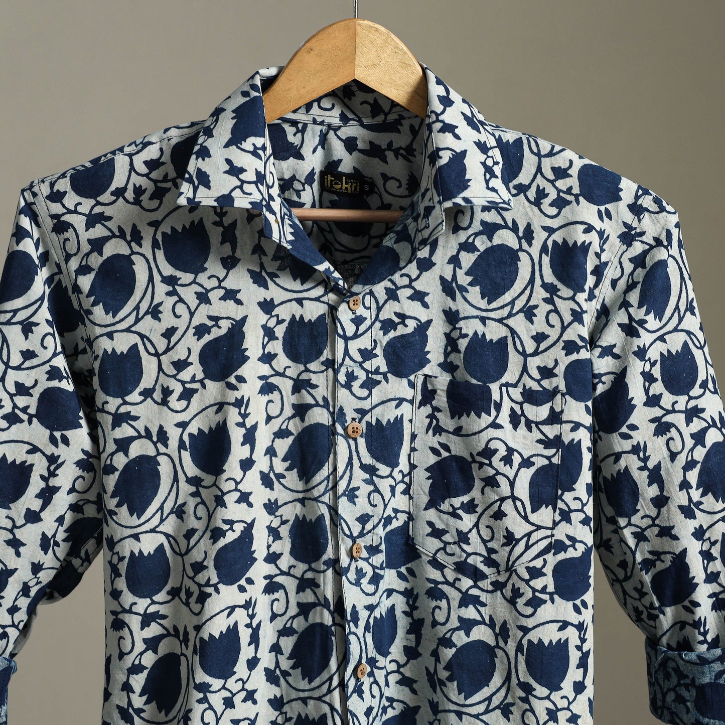 Blue Block Print Cotton Men Full Sleeve Indigo Bagru Shirt