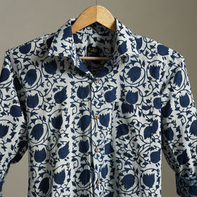 Blue Block Print Cotton Men Full Sleeve Indigo Bagru Shirt