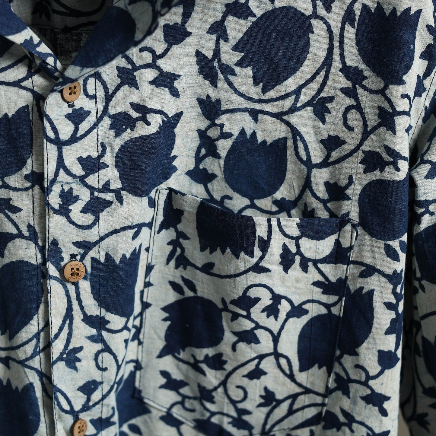 Blue Block Print Cotton Men Full Sleeve Indigo Bagru Shirt