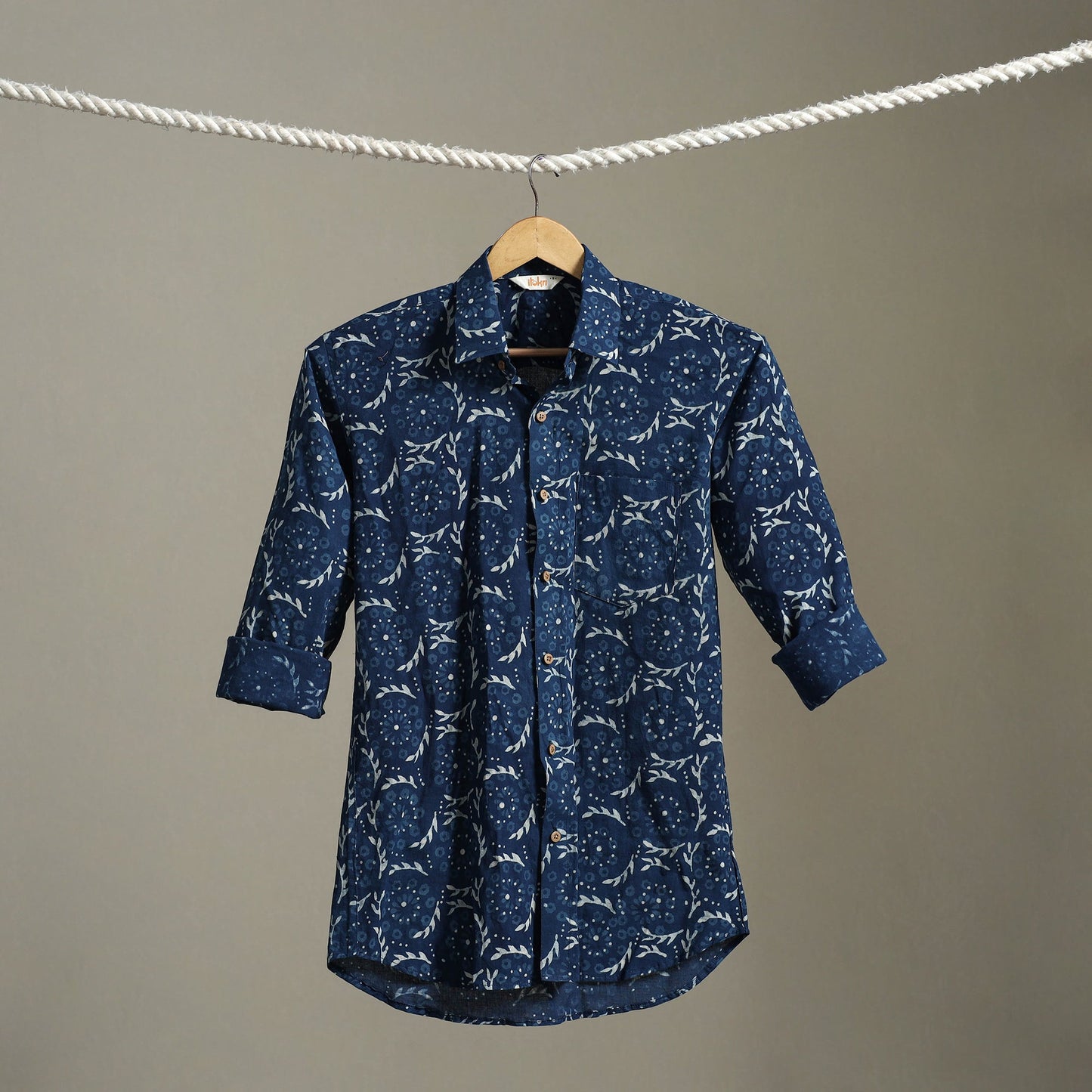Blue Block Print Cotton Men Full Sleeve Indigo Bagru Shirt