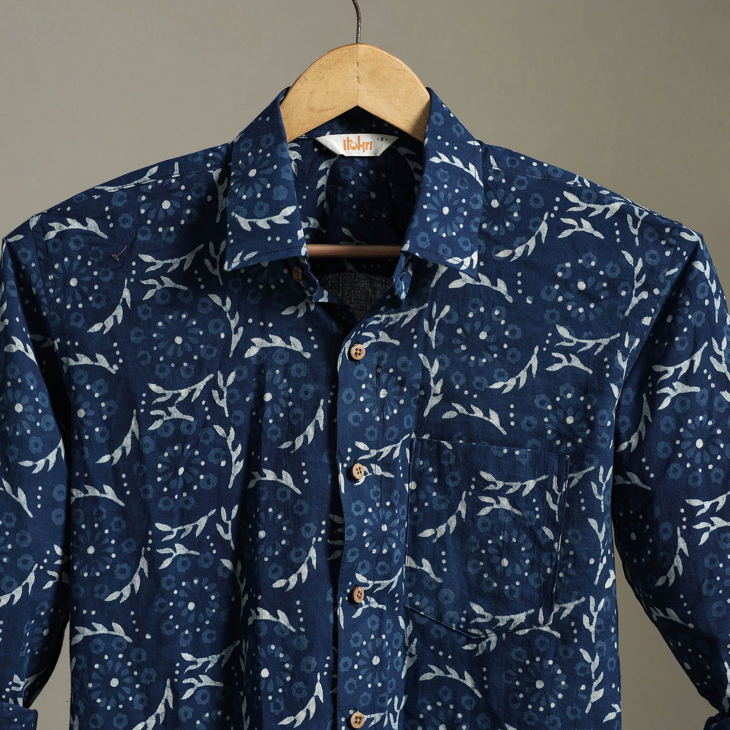 Blue Block Print Cotton Men Full Sleeve Indigo Bagru Shirt