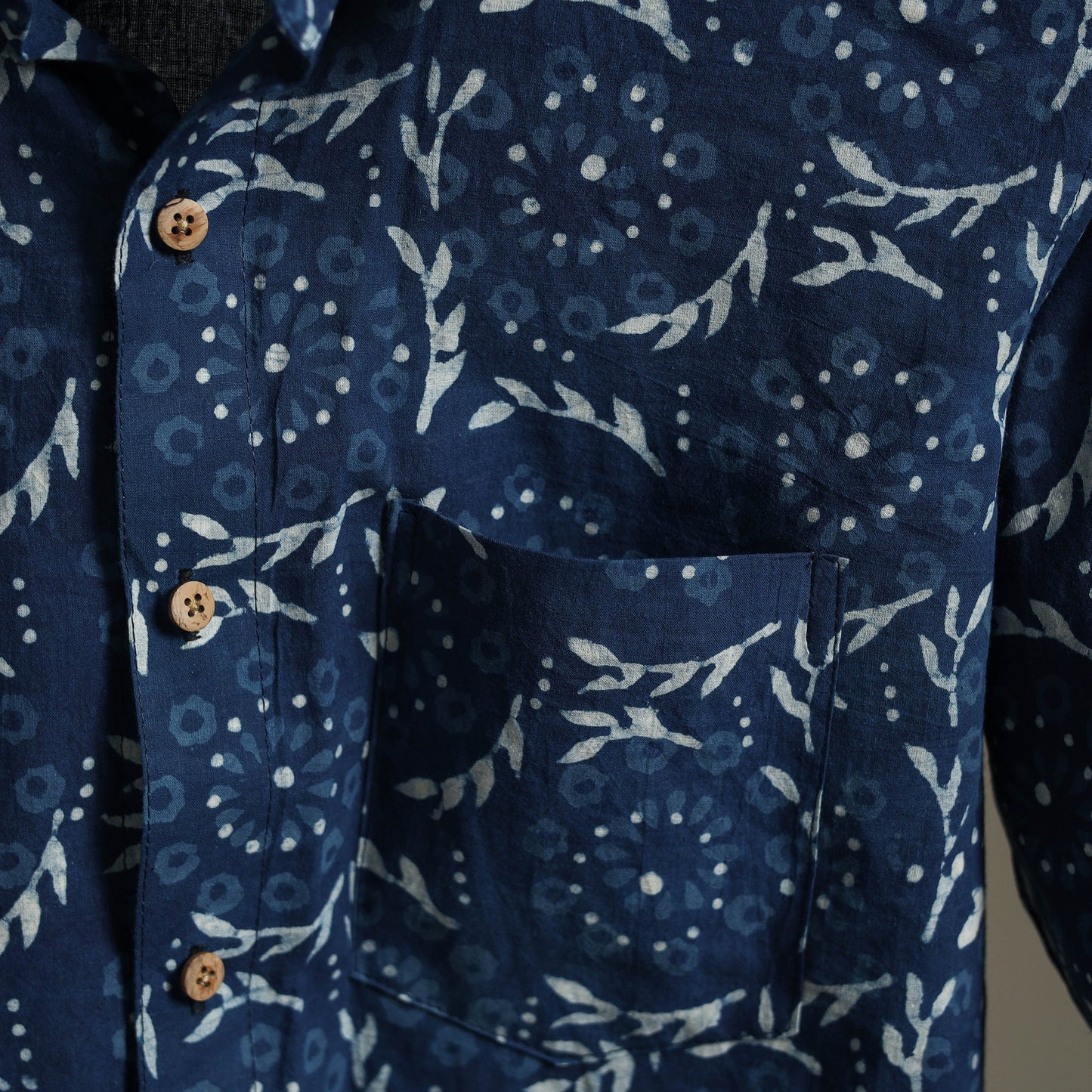 Blue Block Print Cotton Men Full Sleeve Indigo Bagru Shirt