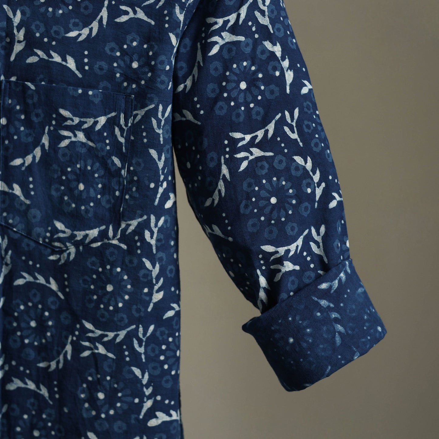 Blue Block Print Cotton Men Full Sleeve Indigo Bagru Shirt