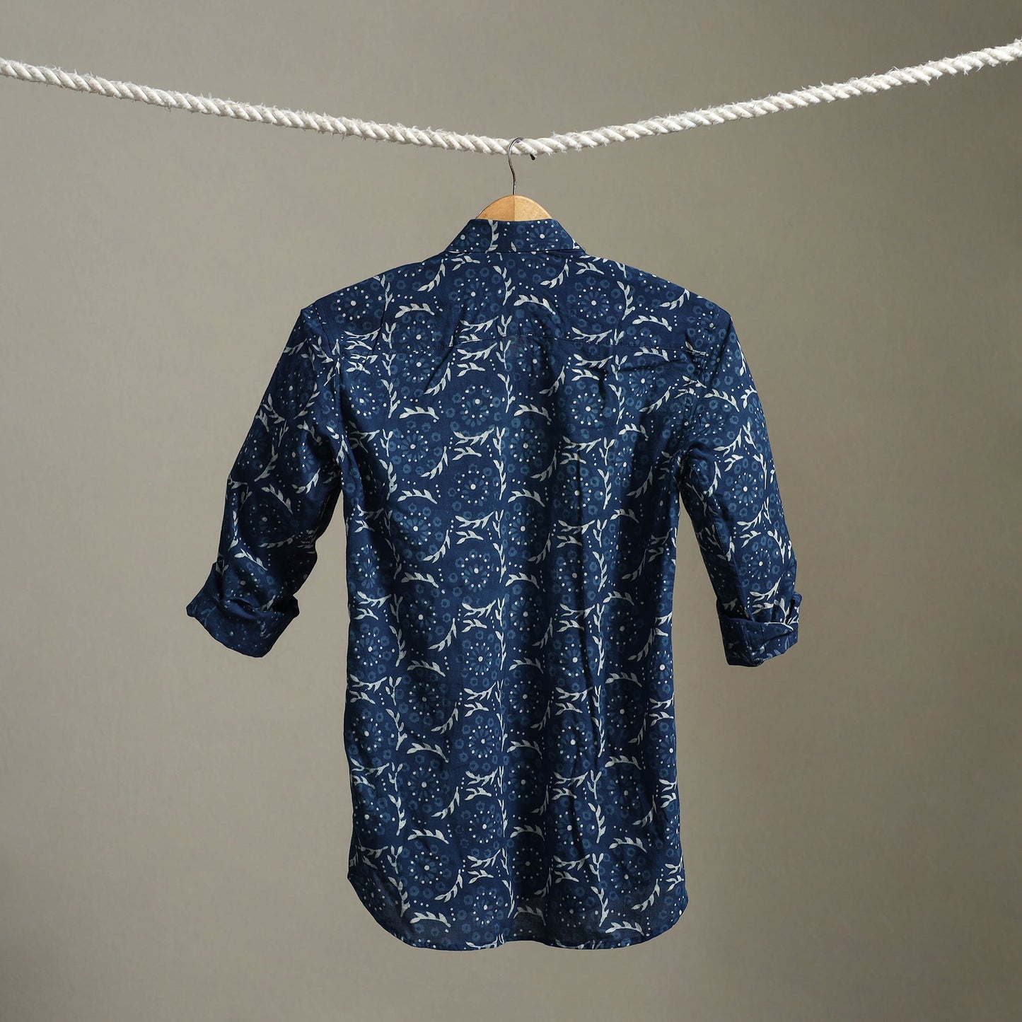 Blue Block Print Cotton Men Full Sleeve Indigo Bagru Shirt