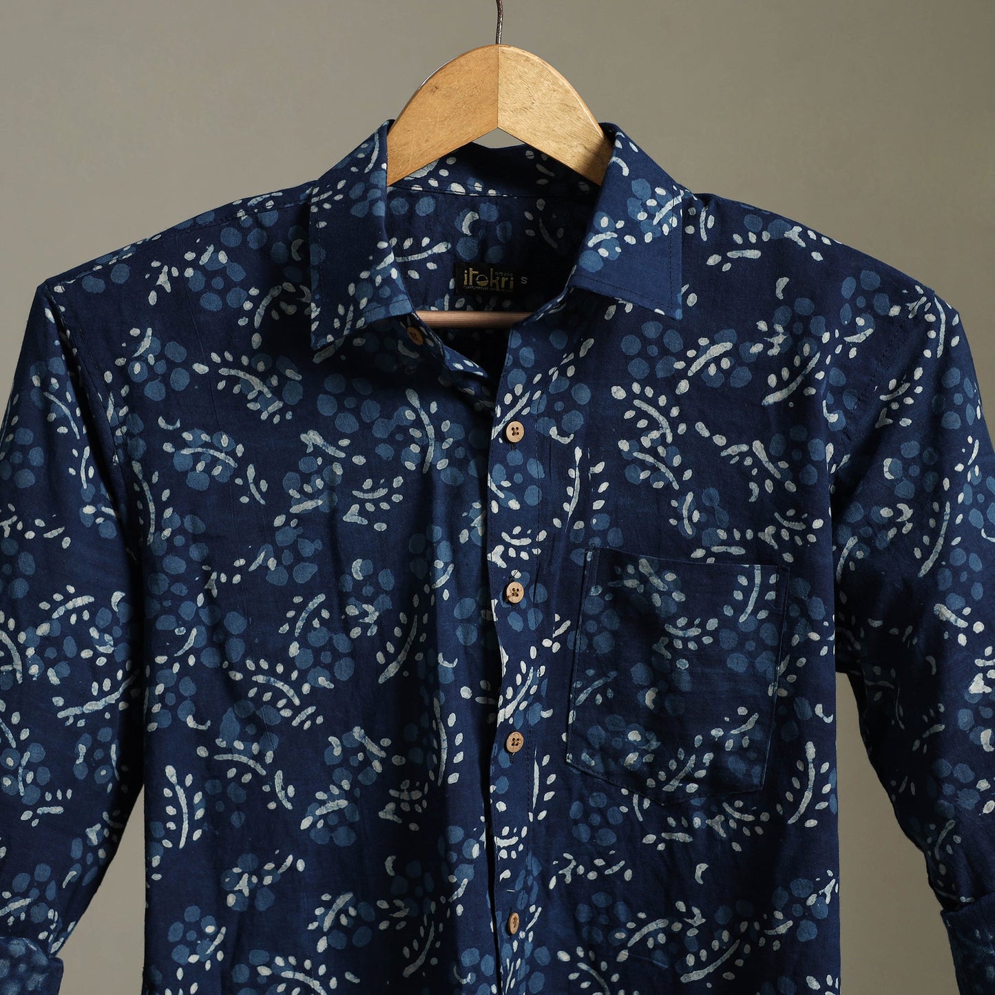 Blue Block Print Cotton Men Full Sleeve Indigo Bagru Shirt