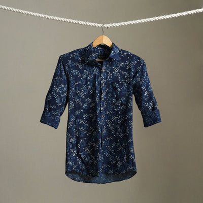 Blue Block Print Cotton Men Full Sleeve Indigo Bagru Shirt