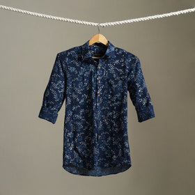 Blue Block Print Cotton Men Full Sleeve Indigo Bagru Shirt