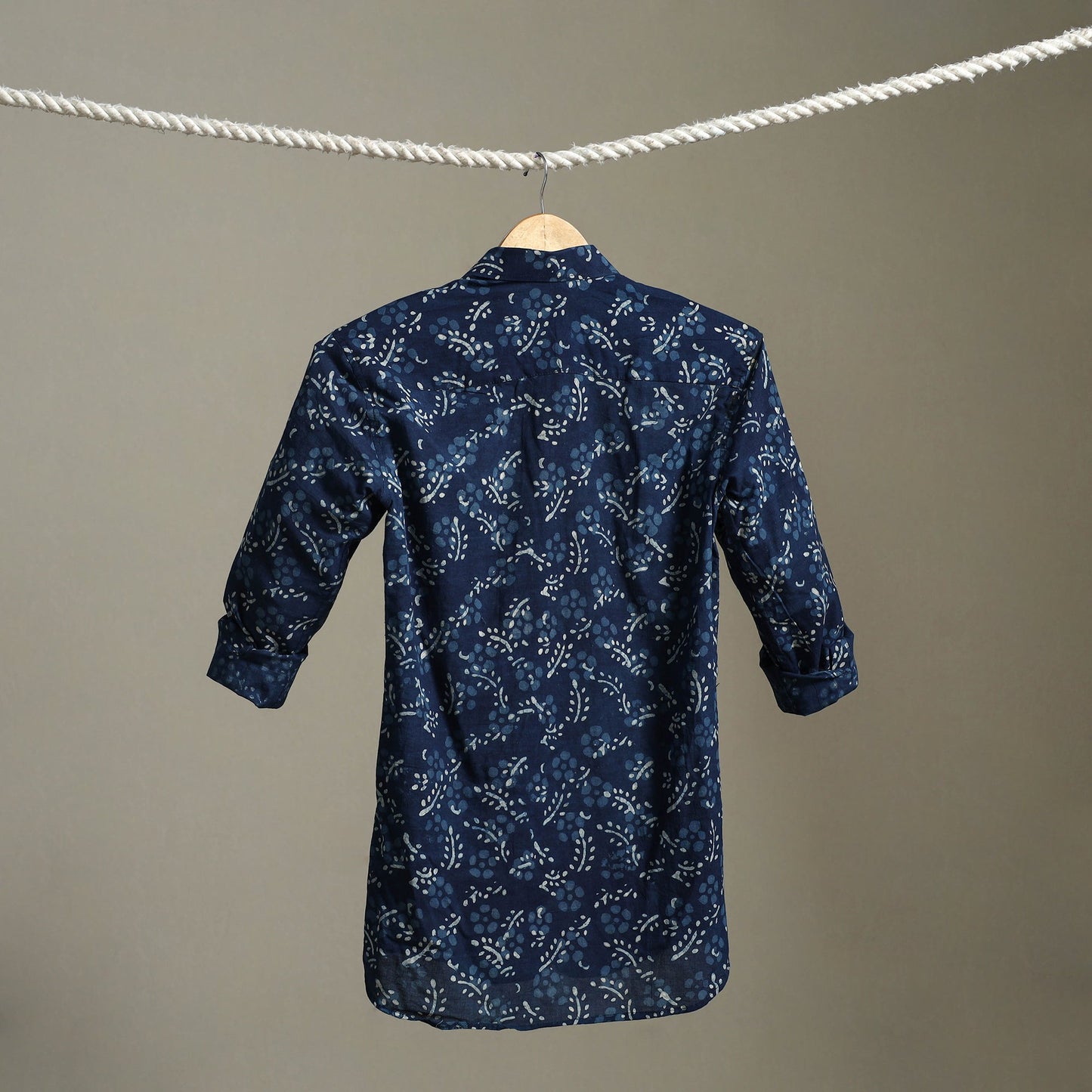 Blue Block Print Cotton Men Full Sleeve Indigo Bagru Shirt