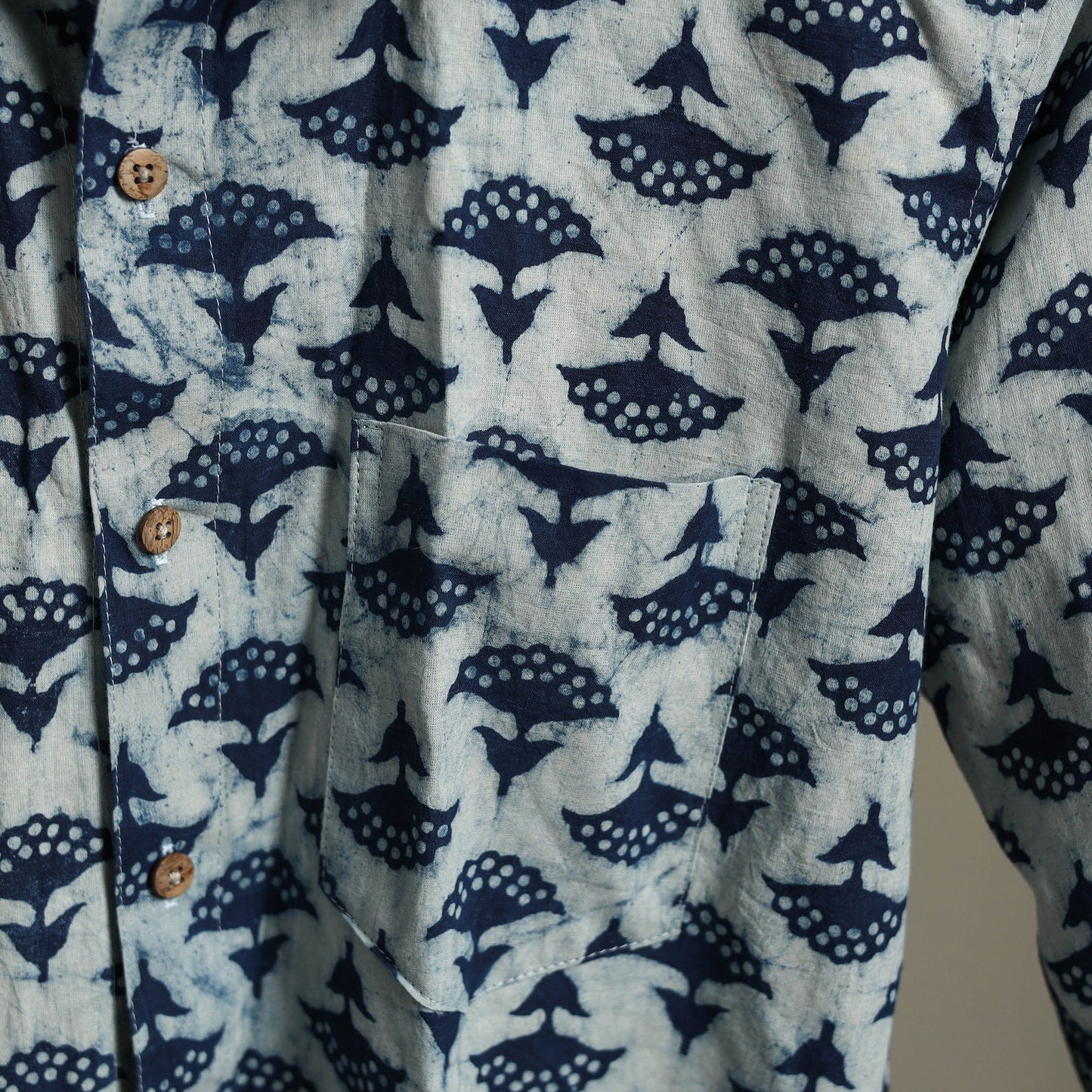 Blue Block Print Cotton Men Full Sleeve Indigo Bagru Shirt