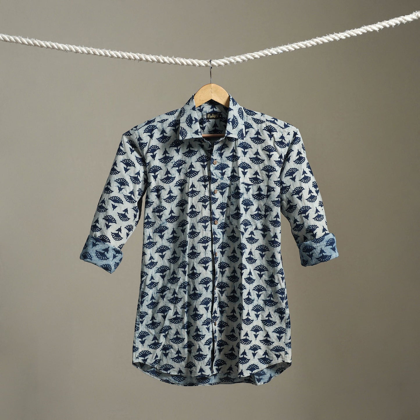 Blue Block Print Cotton Men Full Sleeve Indigo Bagru Shirt