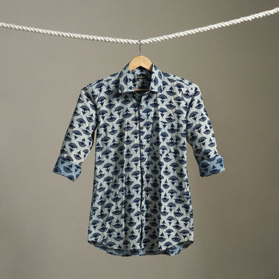 Blue Block Print Cotton Men Full Sleeve Indigo Bagru Shirt