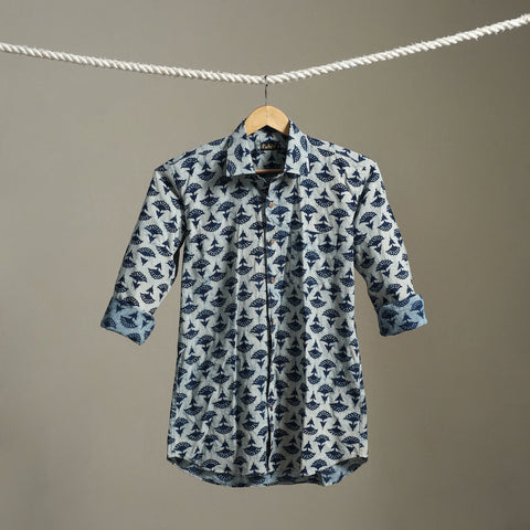 Blue Block Print Cotton Men Full Sleeve Indigo Bagru Shirt