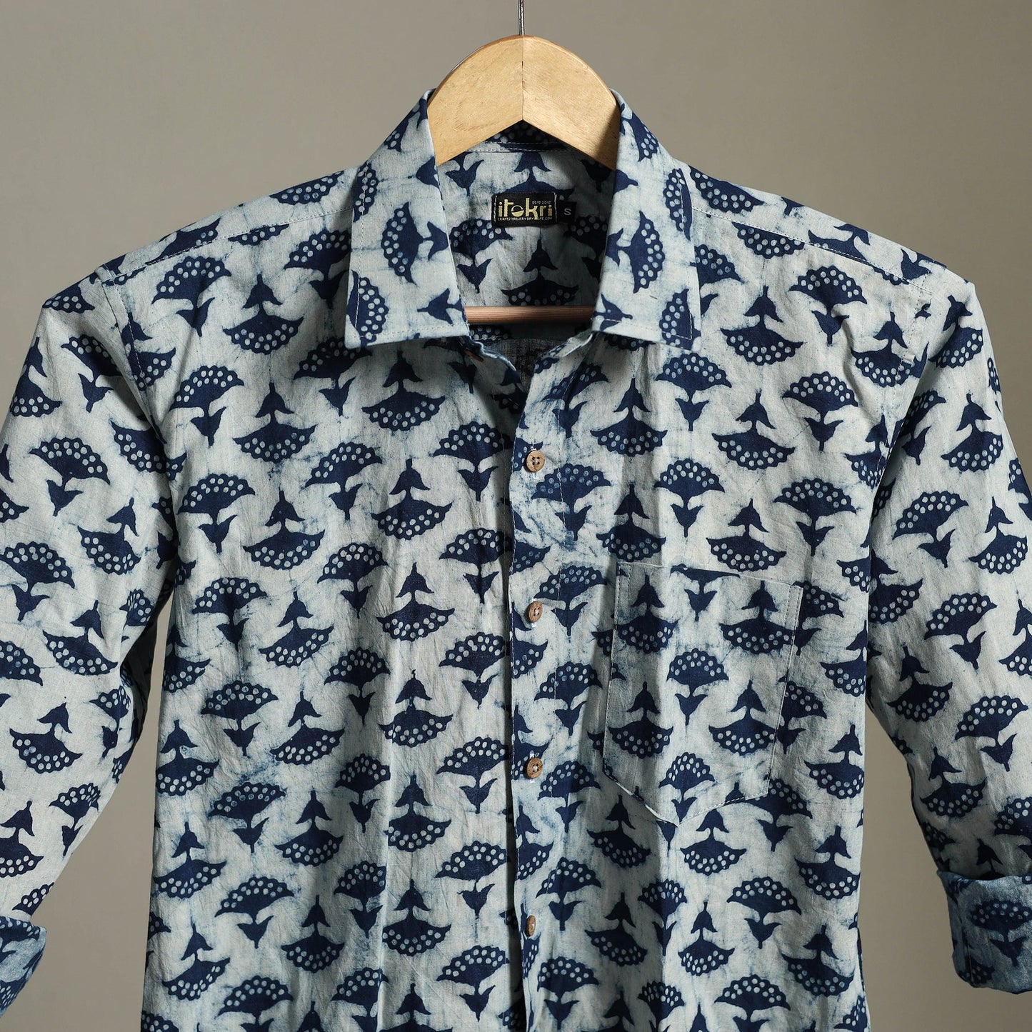 Blue Block Print Cotton Men Full Sleeve Indigo Bagru Shirt