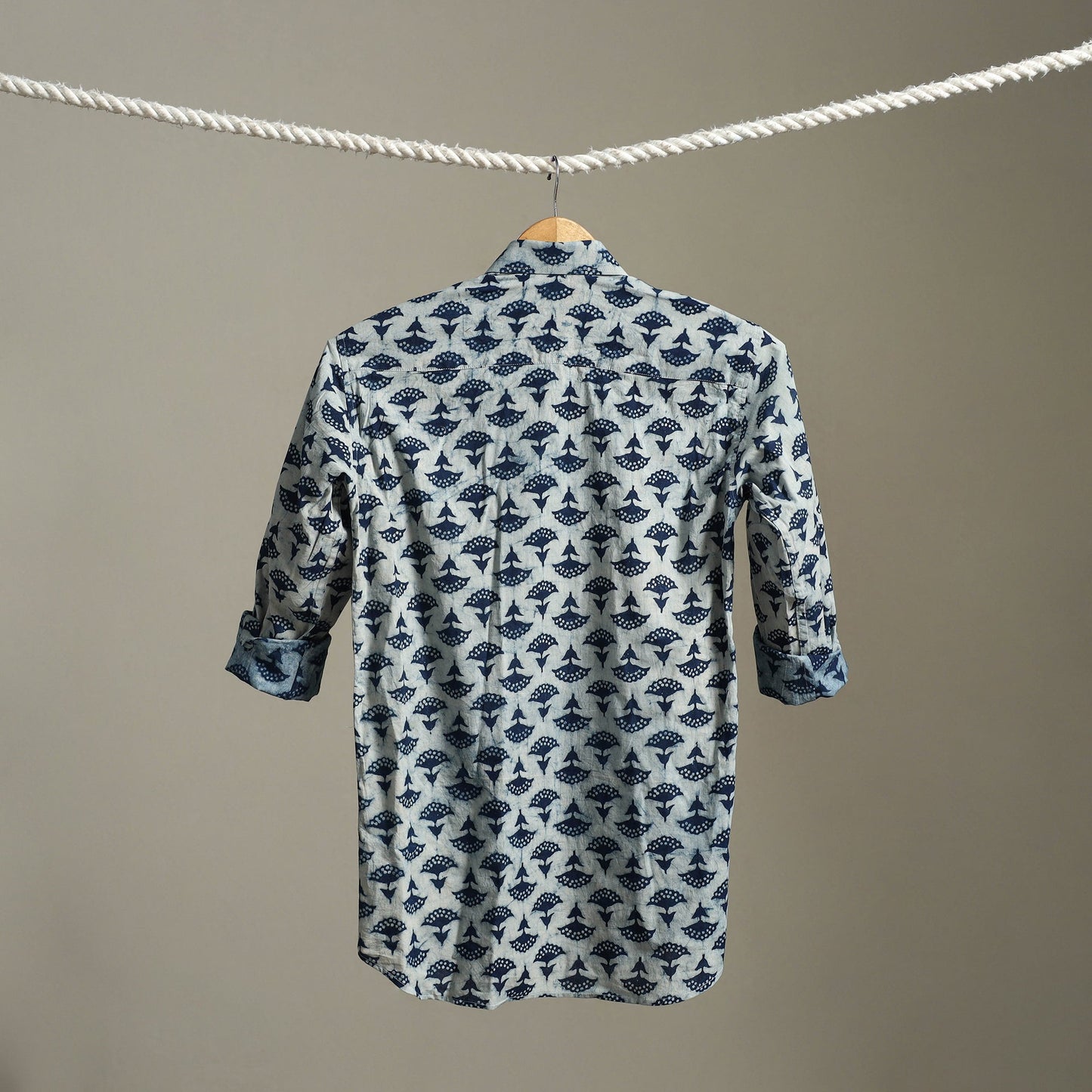 Blue Block Print Cotton Men Full Sleeve Indigo Bagru Shirt
