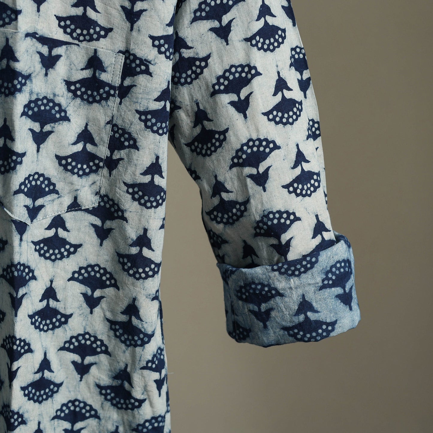 Blue Block Print Cotton Men Full Sleeve Indigo Bagru Shirt