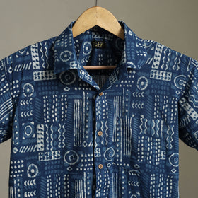 Blue Block Print Cotton Men Half Sleeve Indigo Bagru Shirt
