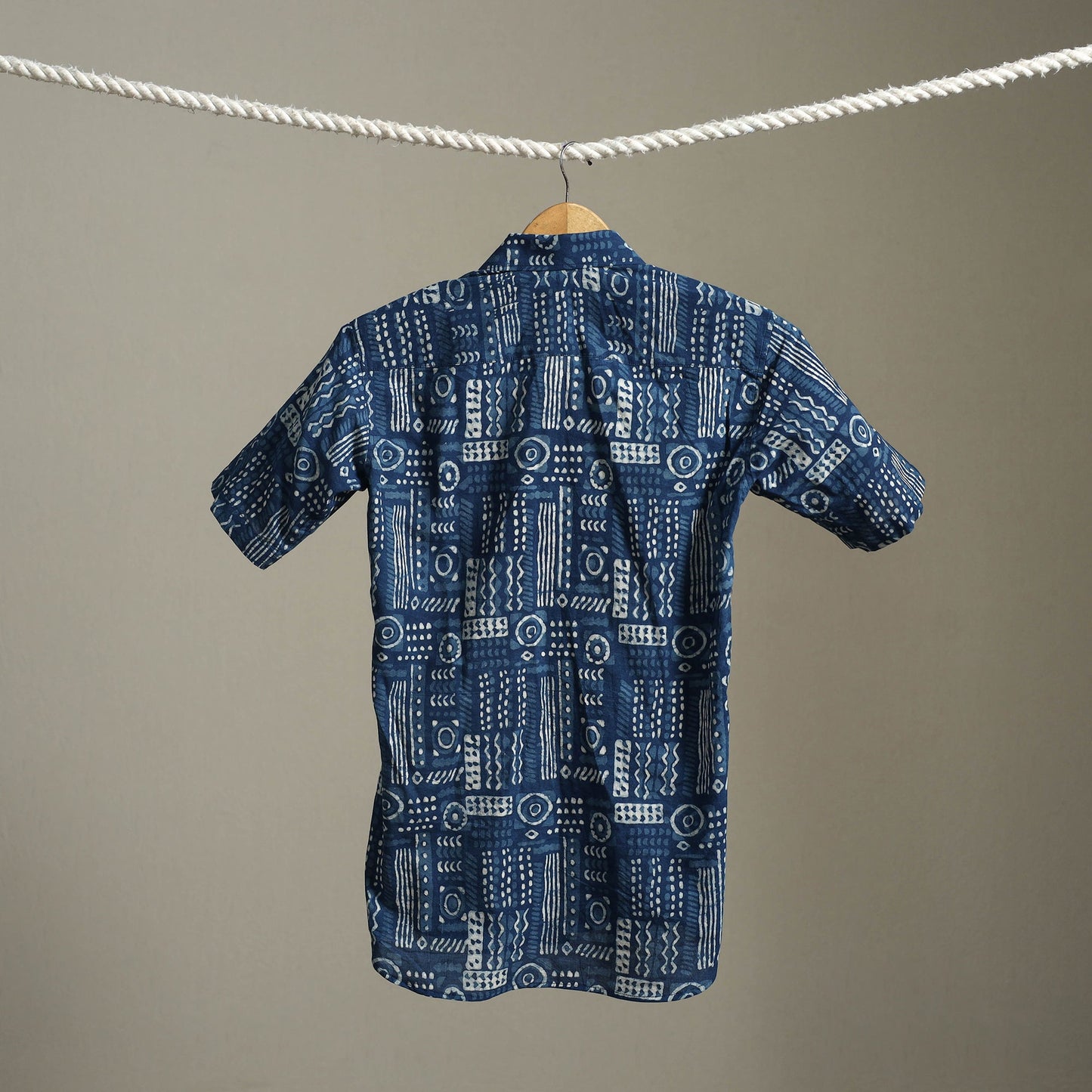 Blue Block Print Cotton Men Half Sleeve Indigo Bagru Shirt