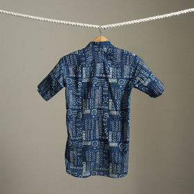 Blue Block Print Cotton Men Half Sleeve Indigo Bagru Shirt