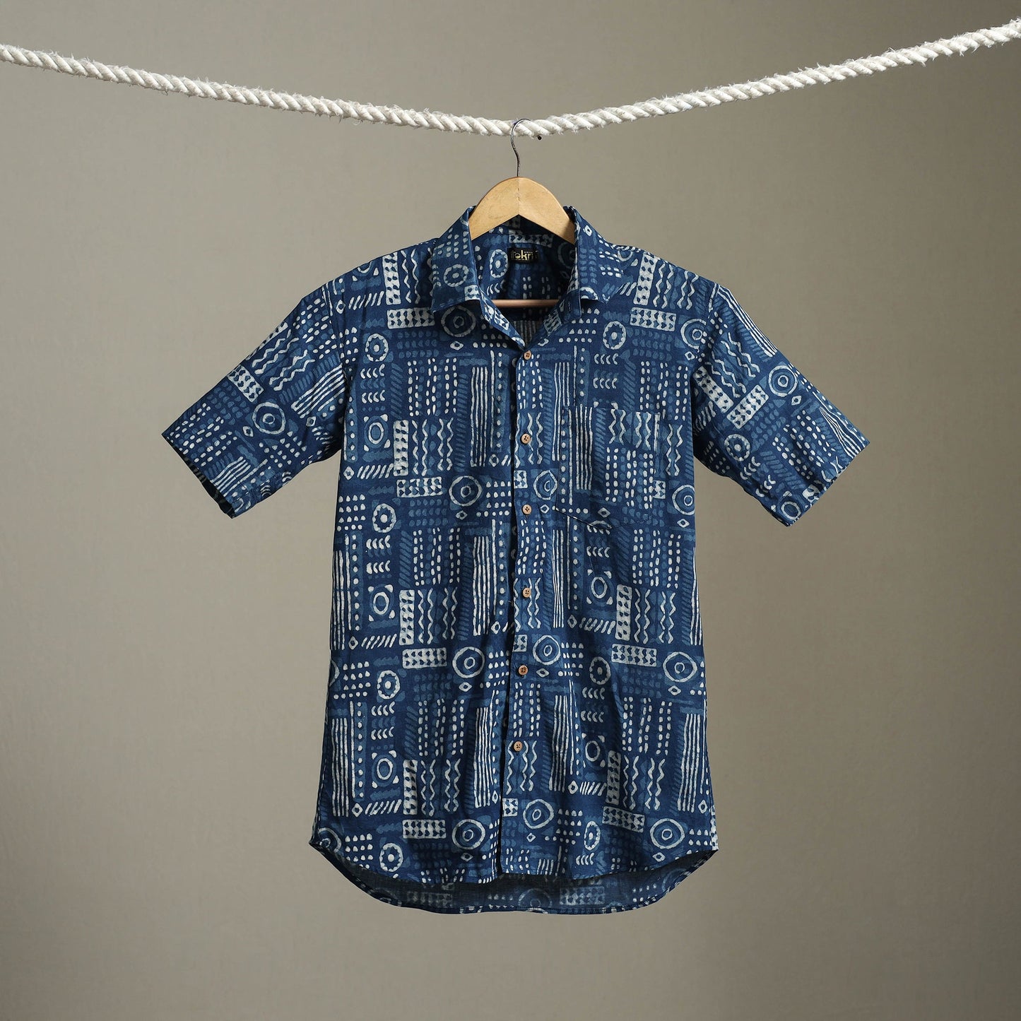 Blue Block Print Cotton Men Half Sleeve Indigo Bagru Shirt