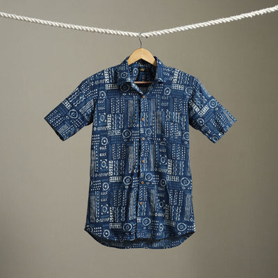 Blue Block Print Cotton Men Half Sleeve Indigo Bagru Shirt