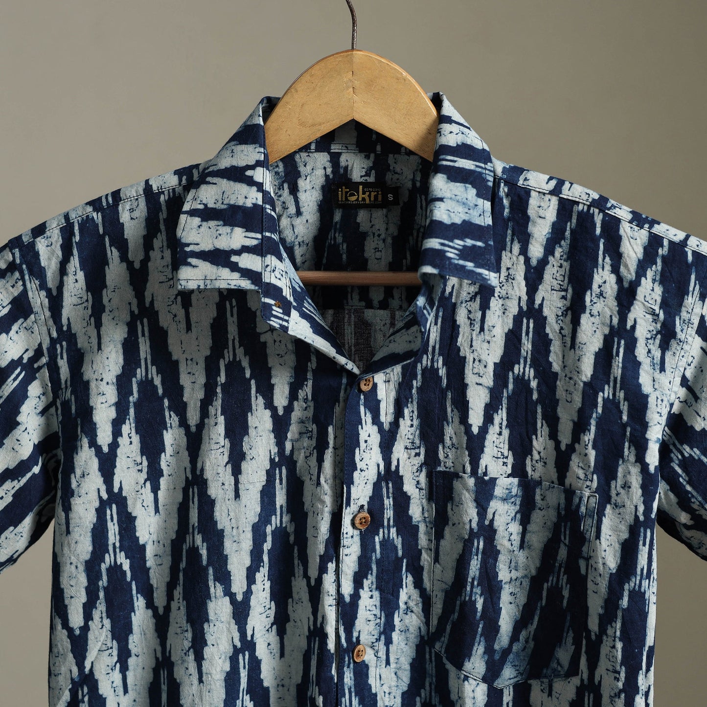 Blue Block Print Cotton Men Half Sleeve Indigo Bagru Shirt